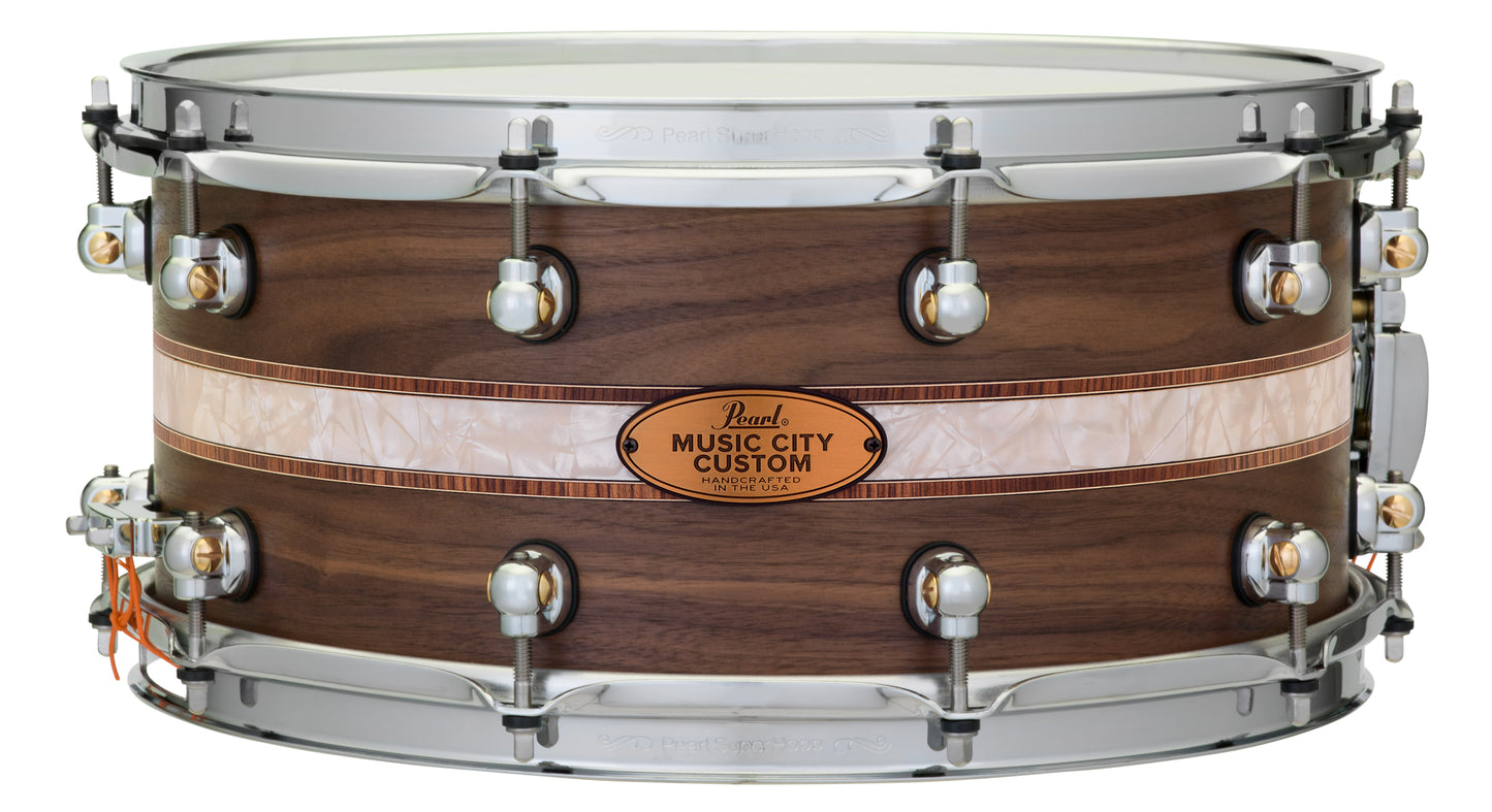 MUSIC CITY CUSTOM SOLID WALNUT 14"X6.5" SNARE DRUM W/INLAY