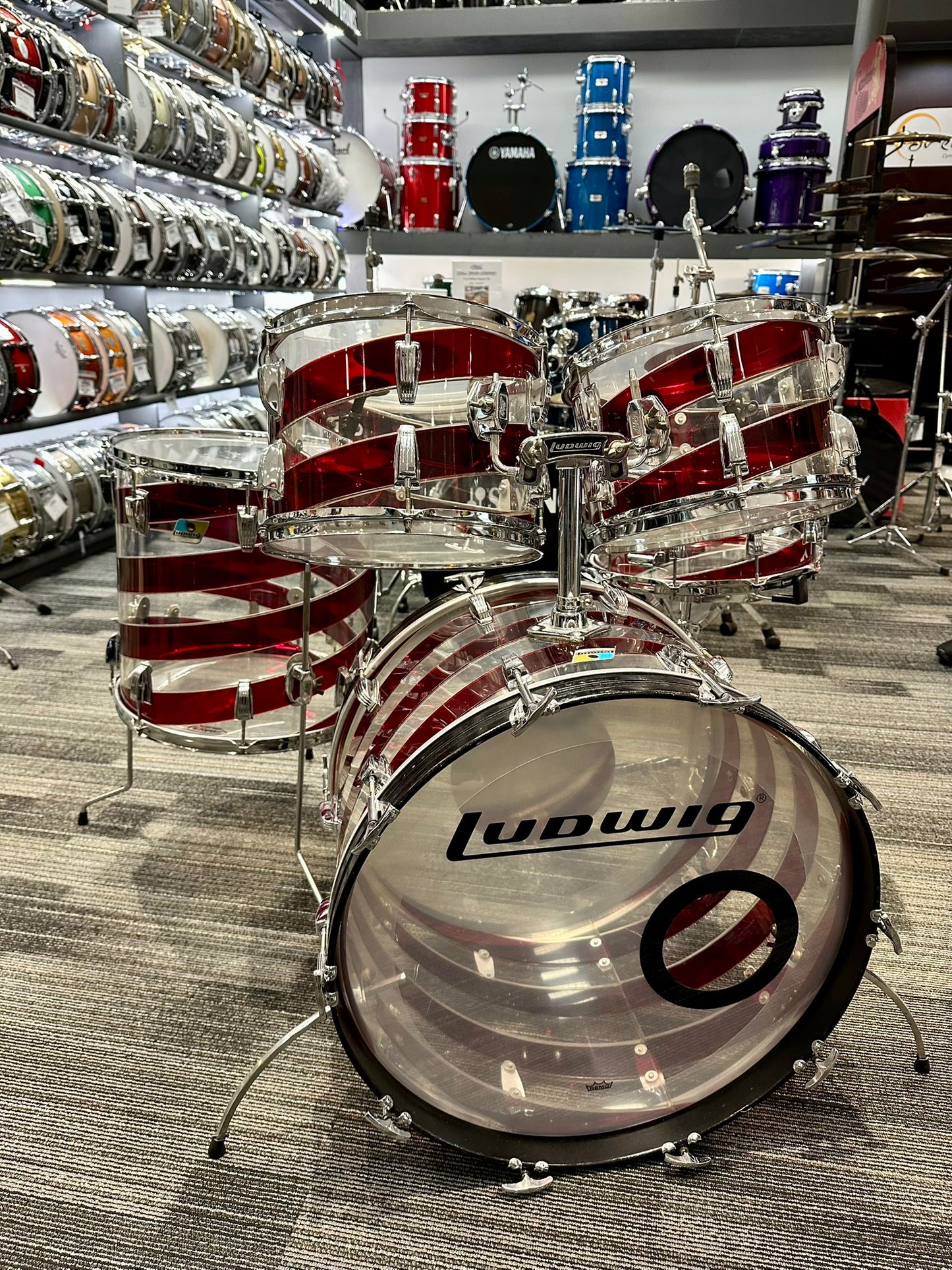 Ludwig 1970s Pattern C Spiral Red and Clear Vistalite 5-Piece Kit
