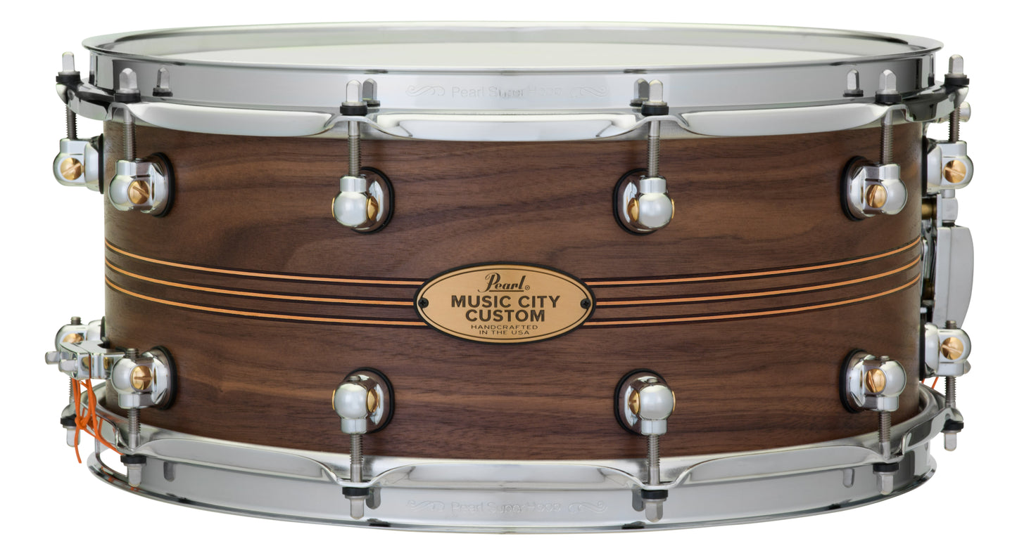 MUSIC CITY CUSTOM SOLID WALNUT 14"X6.5" SNARE DRUM W/INLAY