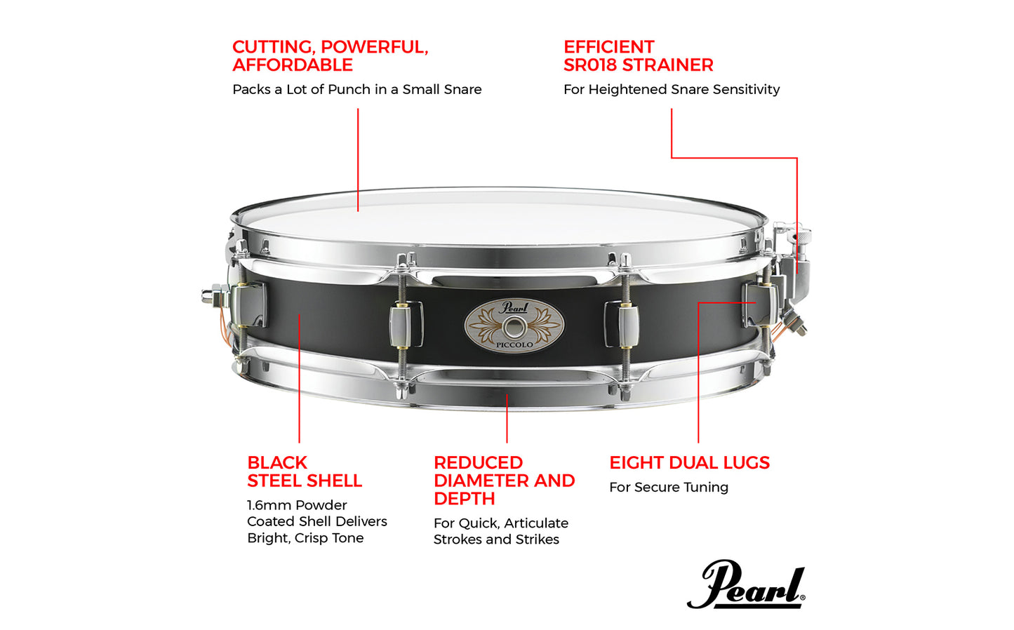 Pearl S1330 Steel Effect Piccolo Snare Drum - 3 x 13 inch - Black