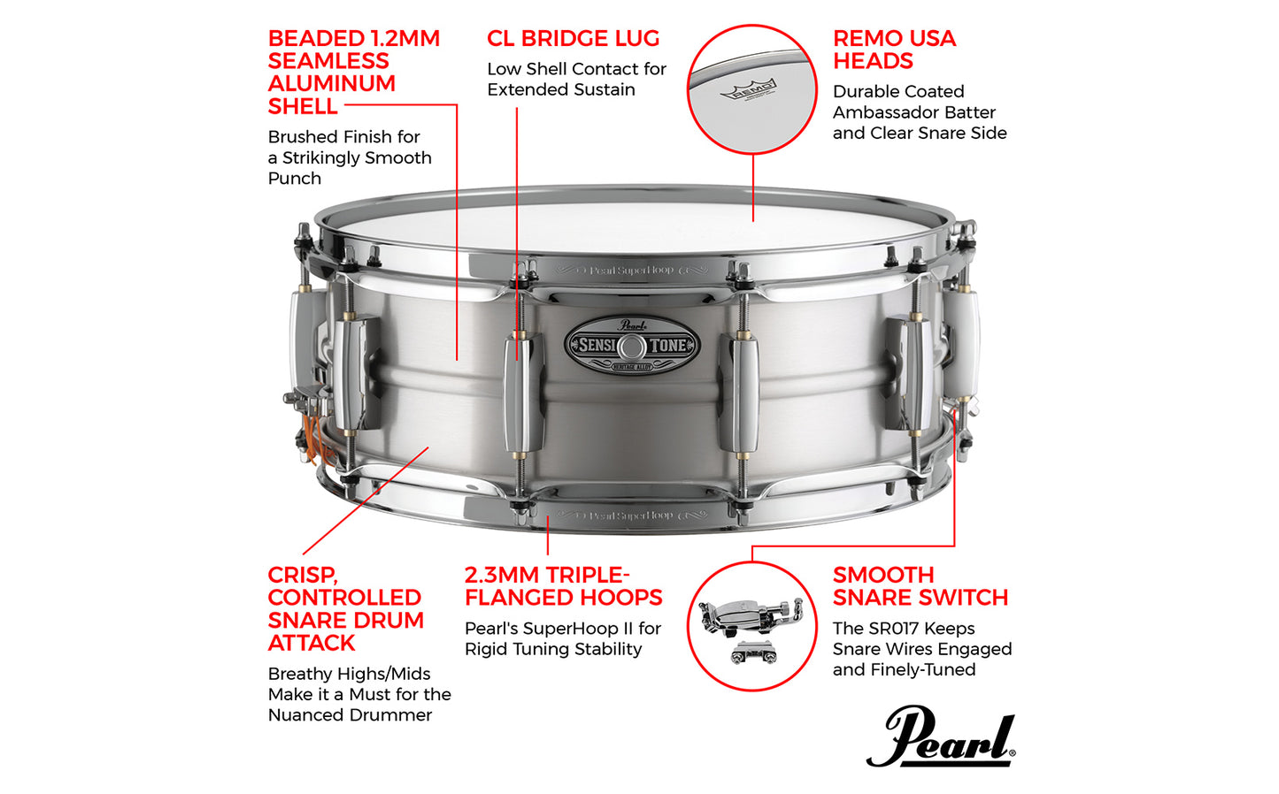 Pearl 5" x 14" Sensitone Heritage Aluminum Alloy Snare Drum - Brushed Aluminum