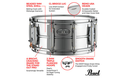 Pearl 6.5" x 14" Sensitone Heritage Steel Alloy Snare Drum - Polished