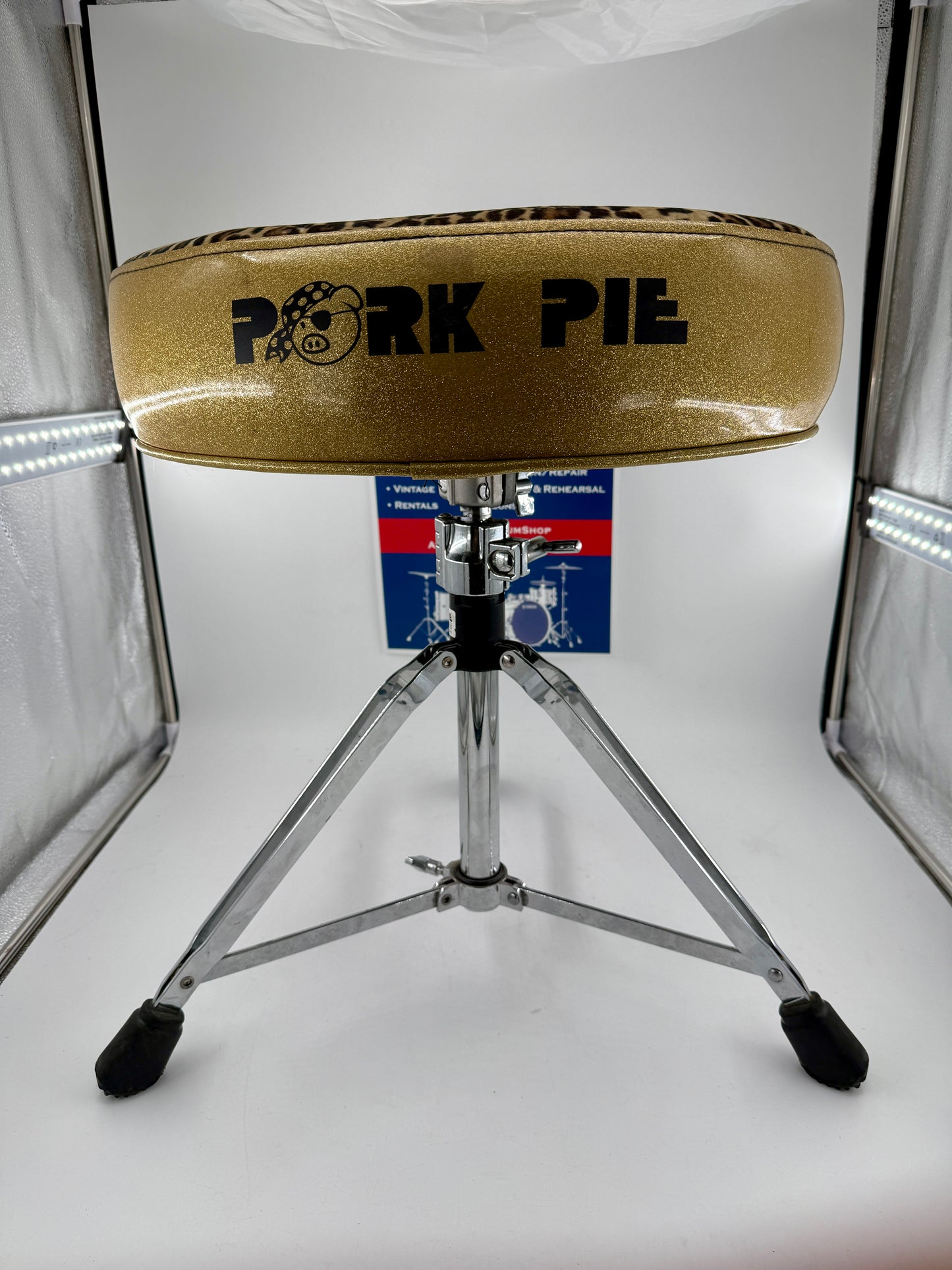 Pork Pie Gold Sparkle/Leopard Top Saddle Drum Throne