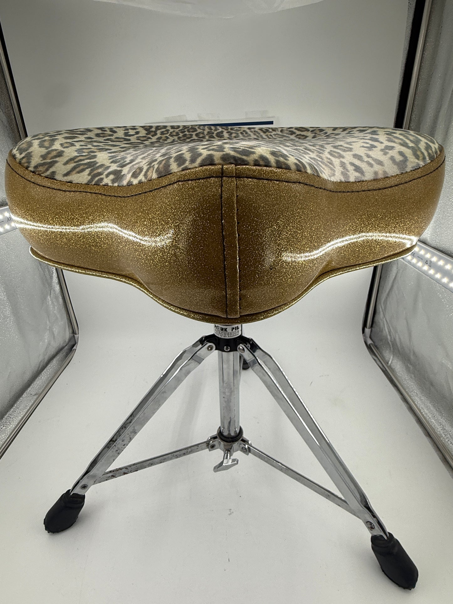 Pork Pie Gold Sparkle/Leopard Top Saddle Drum Throne