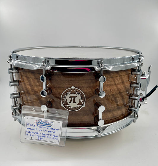 Pi Drum Company 14" x 6.5" *Curly Austrailian Walnut* 6-Ply Maple Snare