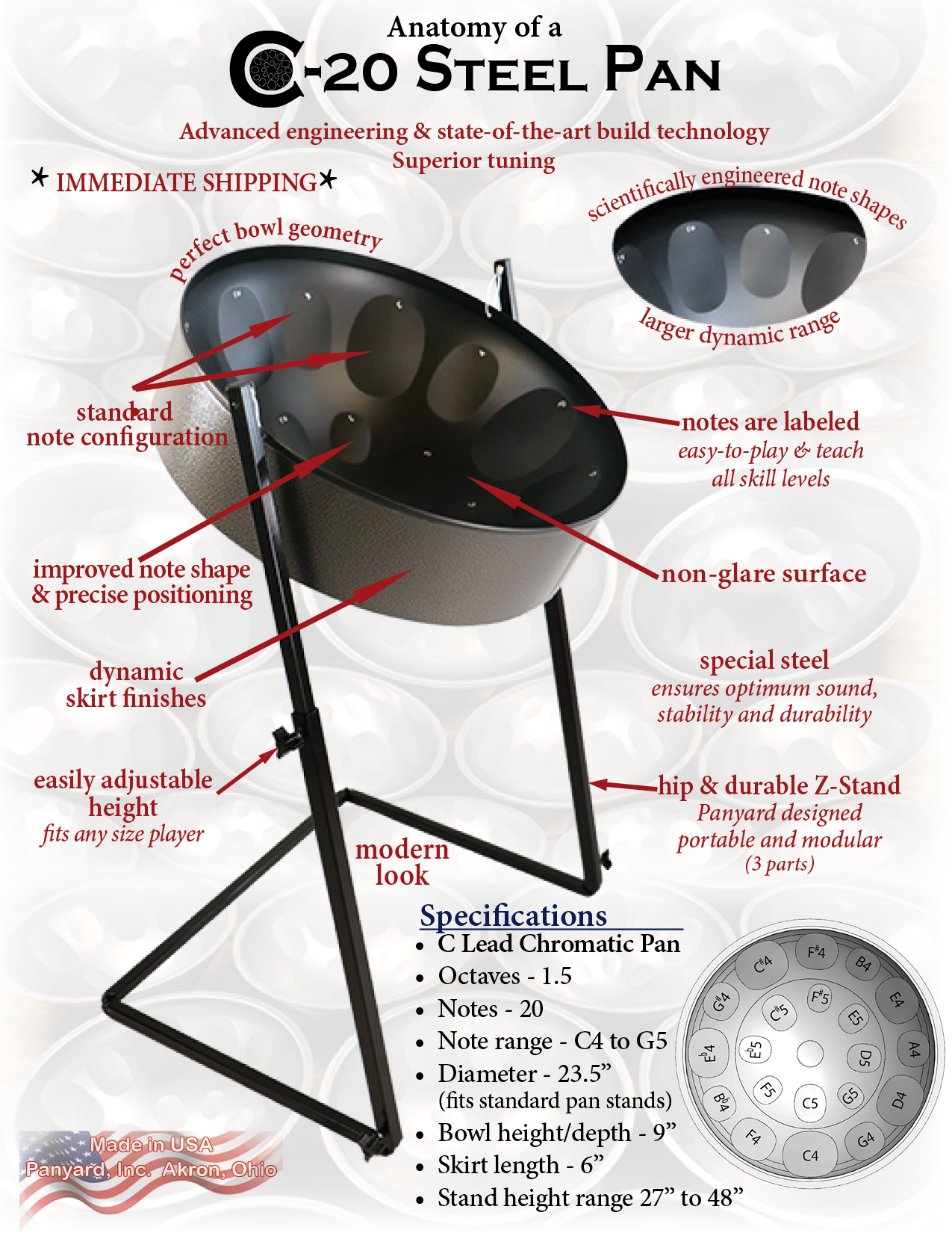 C-20 Lead Steel Pan - Caribbean Night PACKAGE - Pan + Stand + FREE Mallets