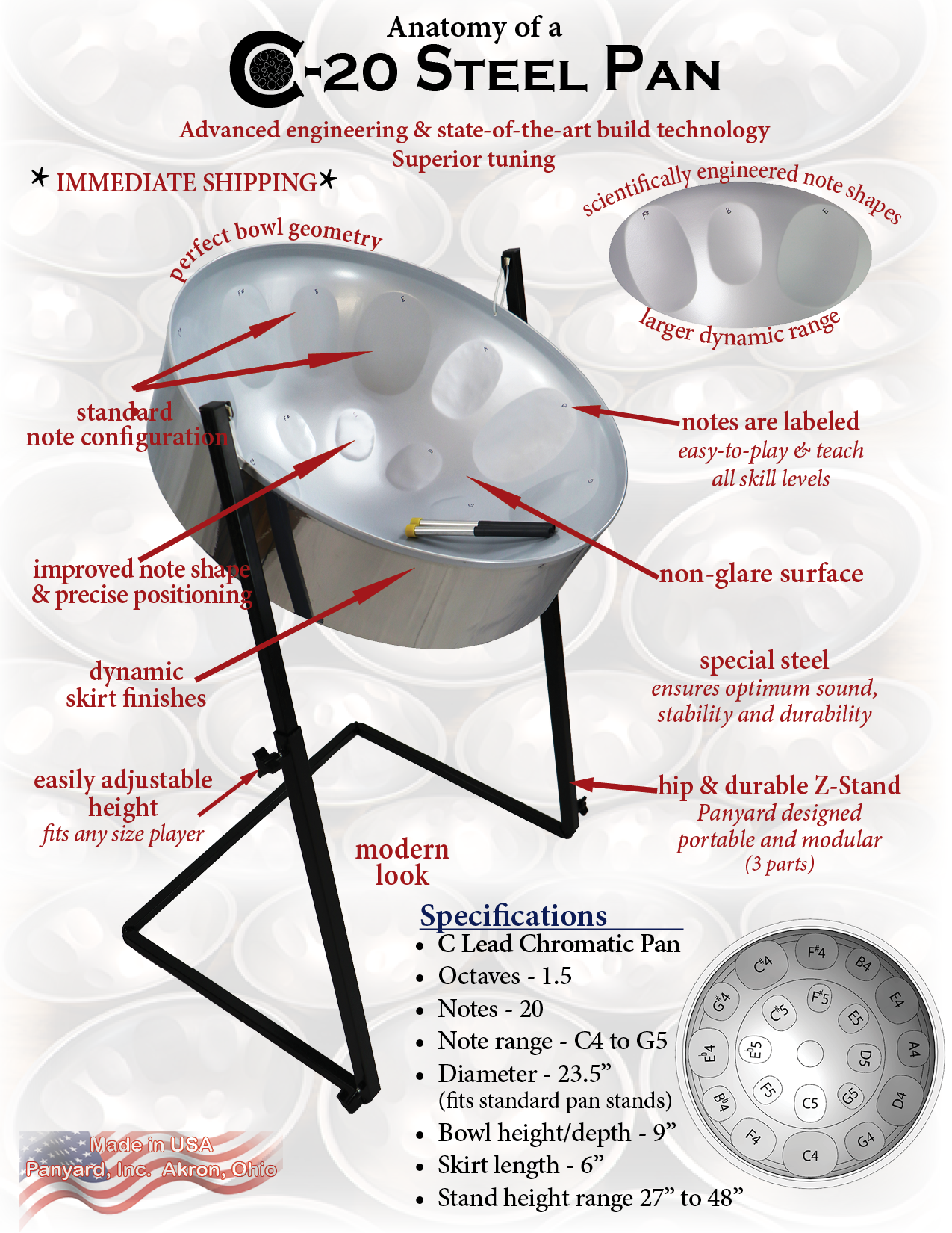 C-20 Lead Steel Pan - High Gloss Silver - Pan Only + FREE Mallets